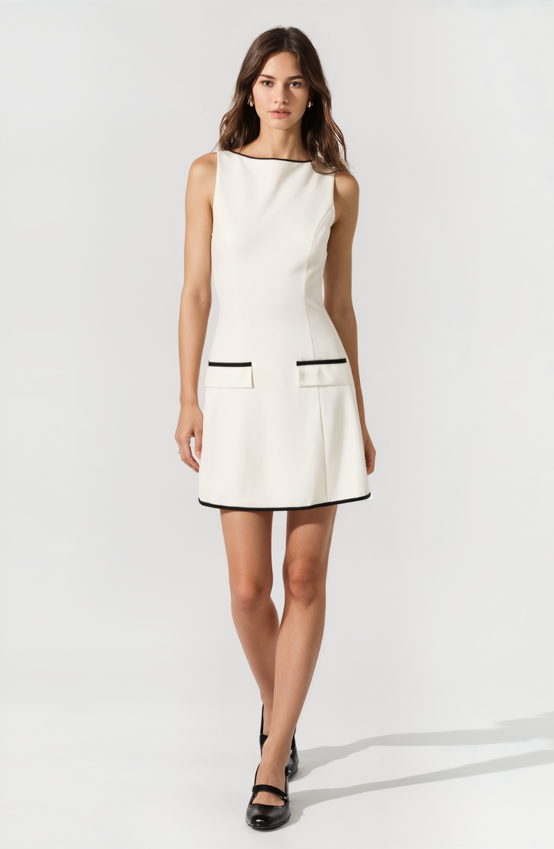 Modenaire Sleeveless A-Line Mini Dress with Contrast Trim and Faux Pockets, Alternate, color, Off-White / Black