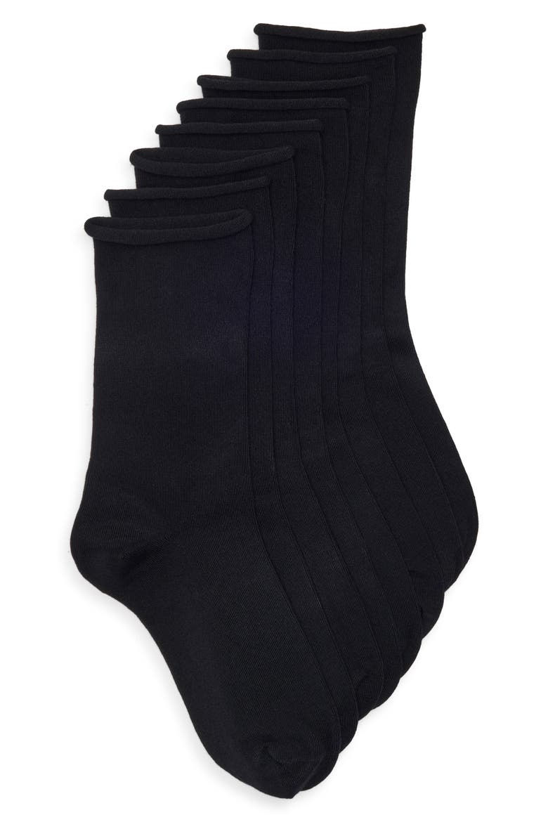 Assorted 4-Pack Roll Top Crew Socks, Main, color, BLACK