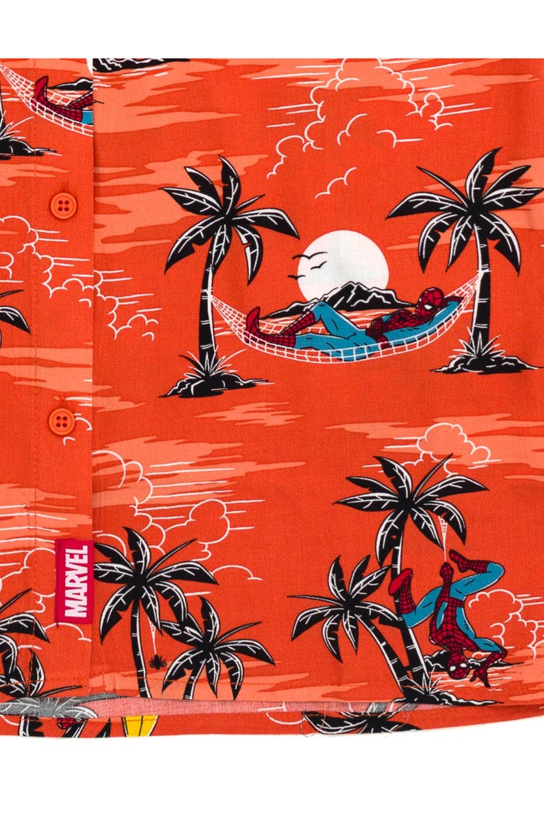 Spider-Man Button Front Hawaiian Shirt, Alternate, color, Spider Man Coral