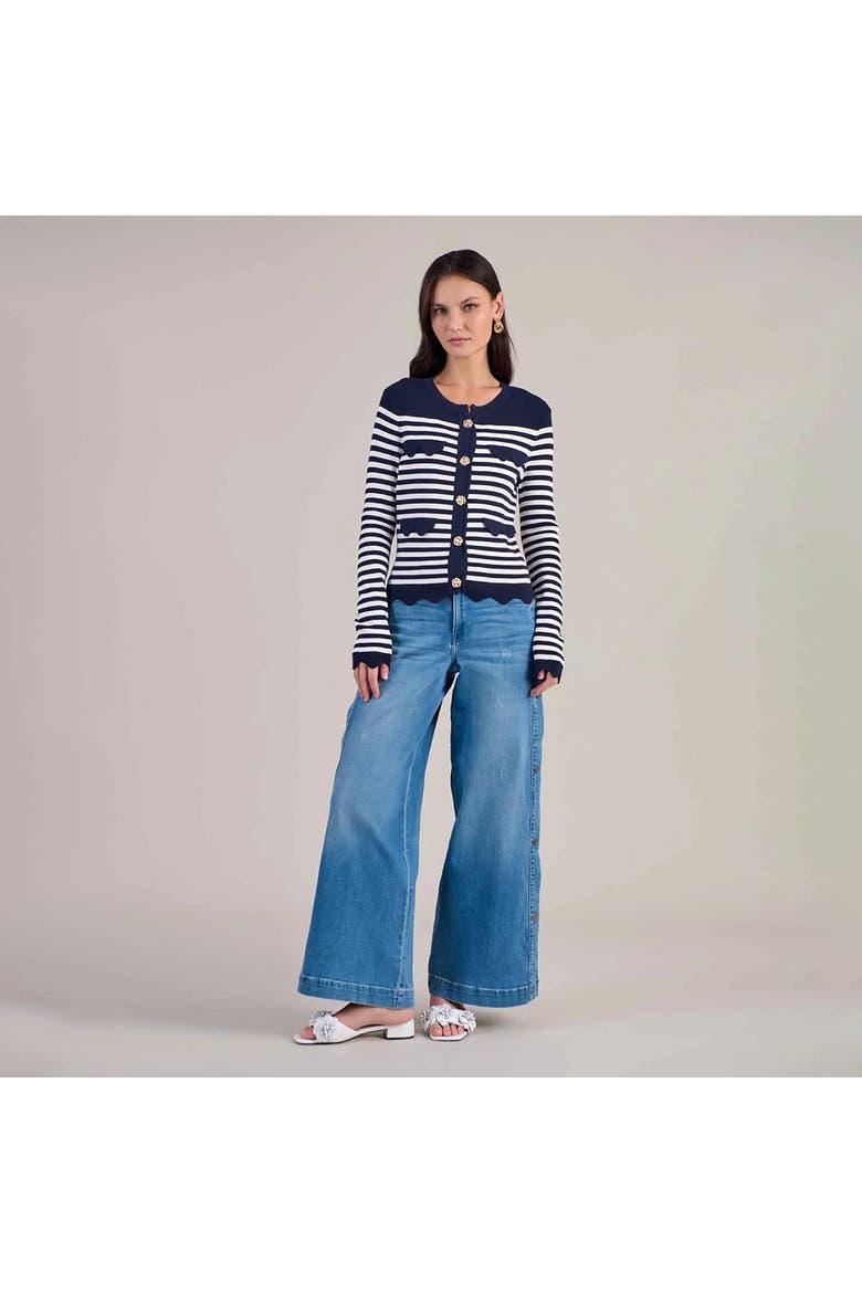 Women's  Cardigan Blue And White Striped Cardigan With Gold Flower Buttons, Alternate, color, Dark Navy