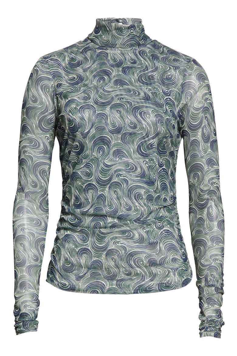 Shirred Long Sleeve Mesh Turtleneck Top, Alternate, color, DARK EMERALD MULTI