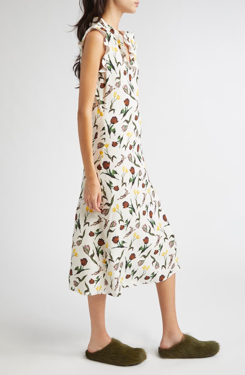 Marni Tulips & Hares Ruffle Satin Midi Dress, Alternate, color, Limestone