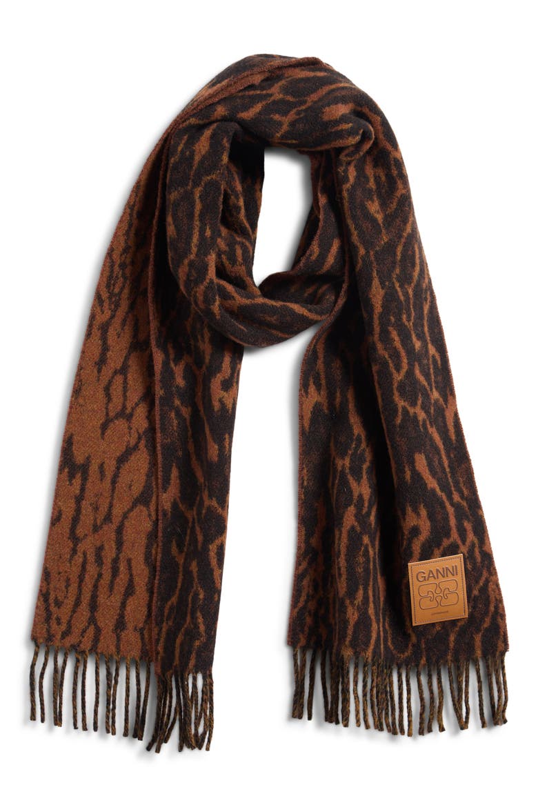 Leopard Jacquard Wool Scarf, Main, color, RAWHIDE