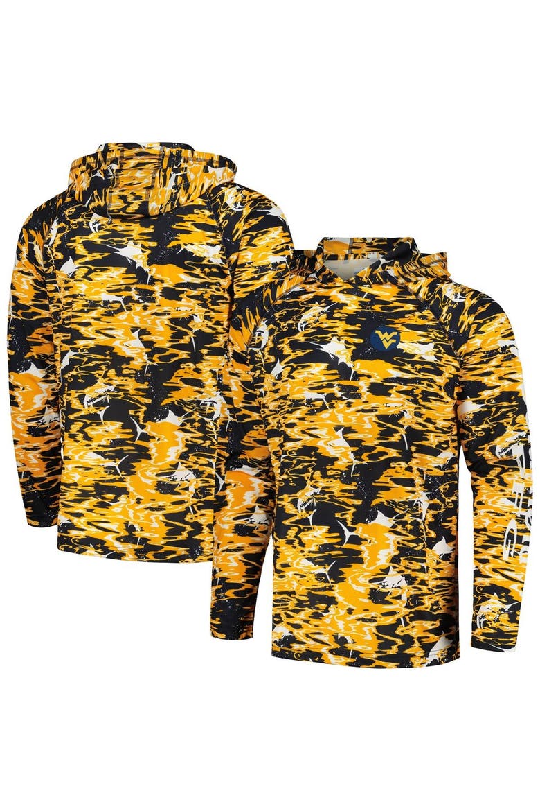 Men's Columbia Navy West Virginia Mountaineers PFG Terminal Tackle Omni-Shade Rippled Long Sleeve Hooded T-Shirt, Alternate, color, Navy