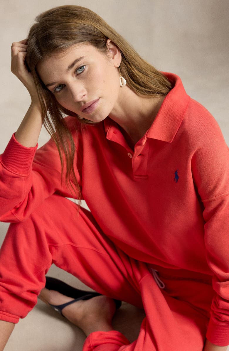 Polo Ralph Lauren Crop Fleece Polo Sweatshirt, Alternate, color, Bright Hibiscus