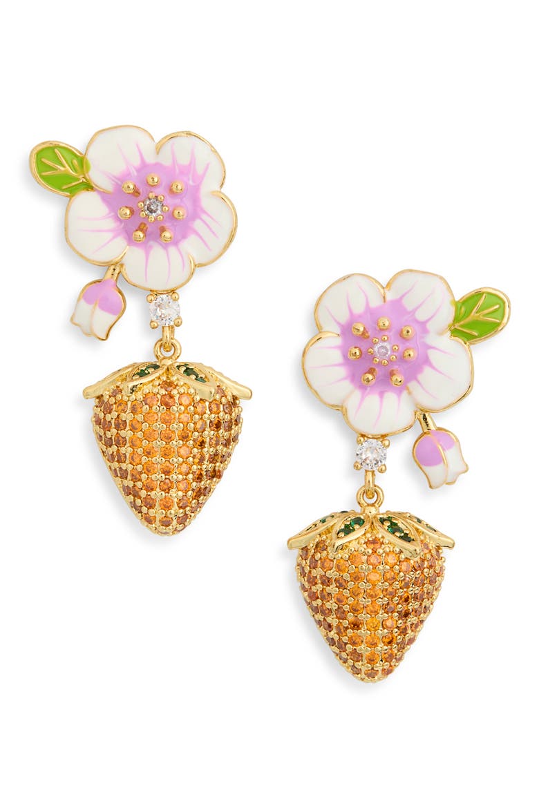 Selene Cubic Zirconia Flower & Strawberry Drop Earrings, Main, color, GOLD