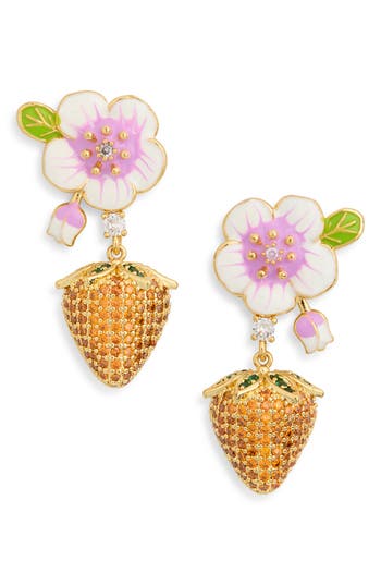 Eye Candy Los Angeles Selene Cubic Zirconia Flower & Strawberry Drop Earrings In Gold