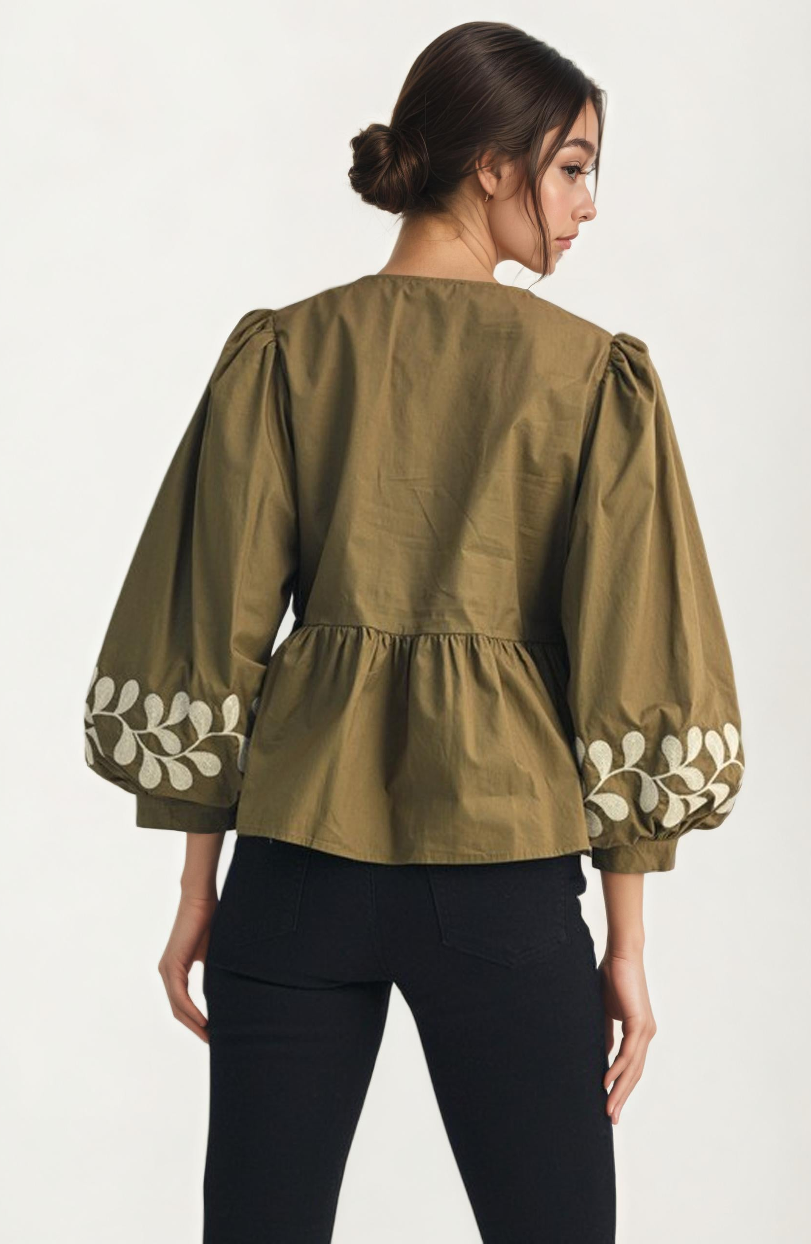 Bow Front Embroidered Balloon Sleeve Blouse - image 2