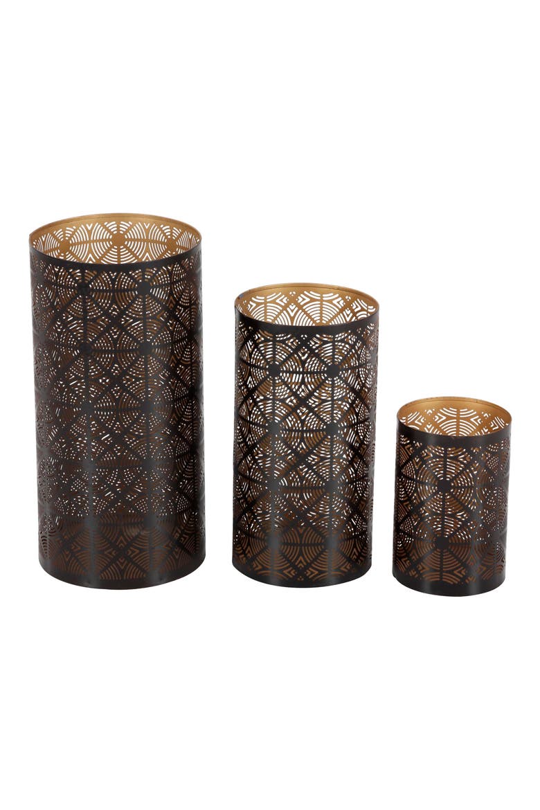 Set of 3 Textured Metal Lantern Candle Holders, Main, color, DARK BROWN