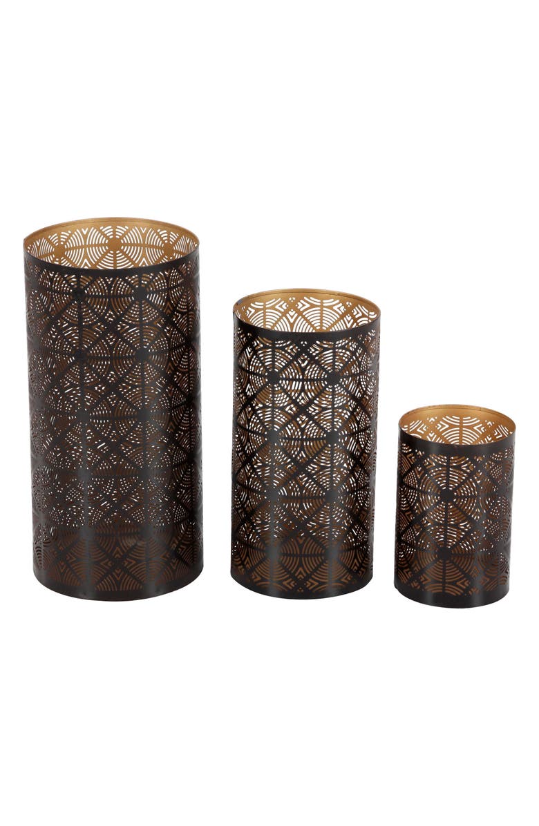 WILLOW ROW Set of 3 Textured Metal Lantern Candle Holders, Main, color, Dark Brown