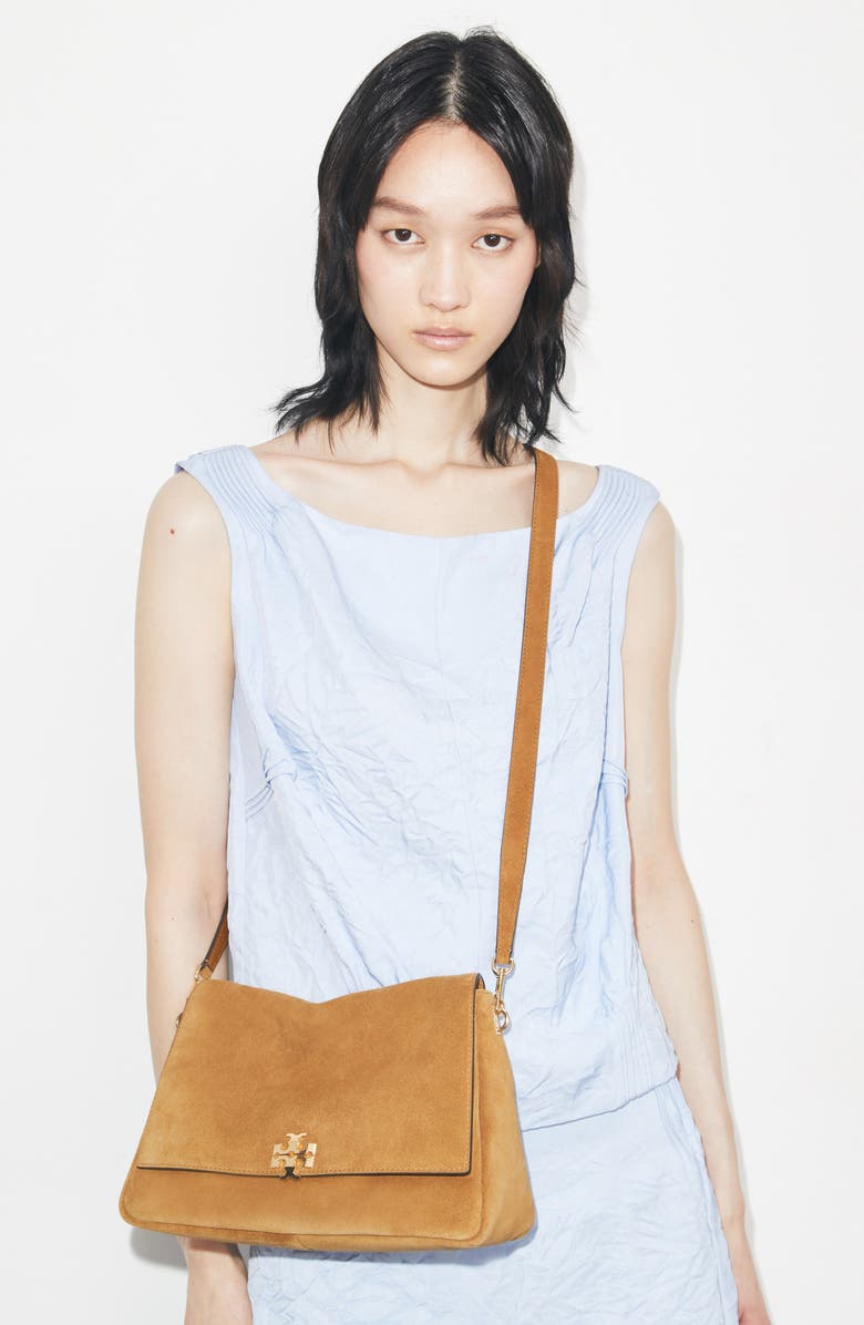 Tory Burch Charlie Suede Shoulder Bag, Alternate, color, Toffee