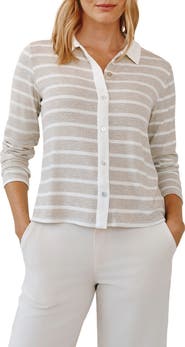 Bella Dahl Stripe Contrast Placket Knit Button-Up Shirt