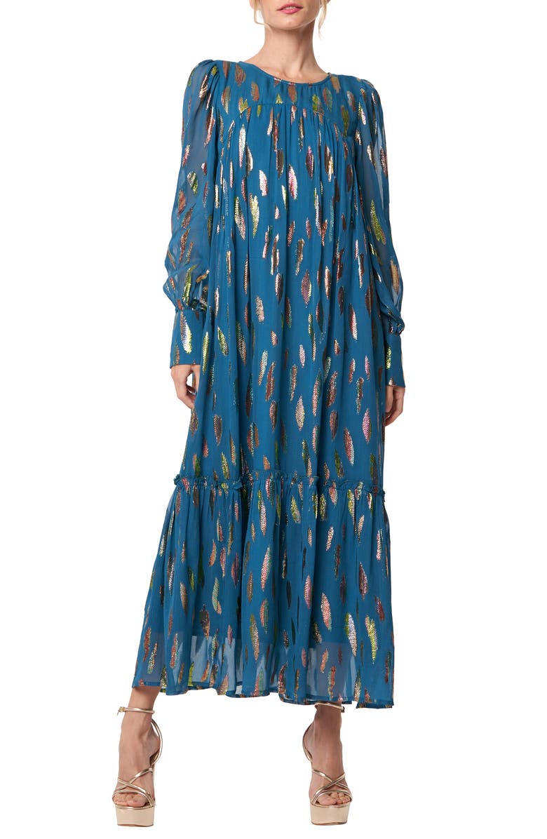 CIEBON Eryn Metallic Print Tie Waist Long Sleeve Maxi Dress, Main, color, Blue
