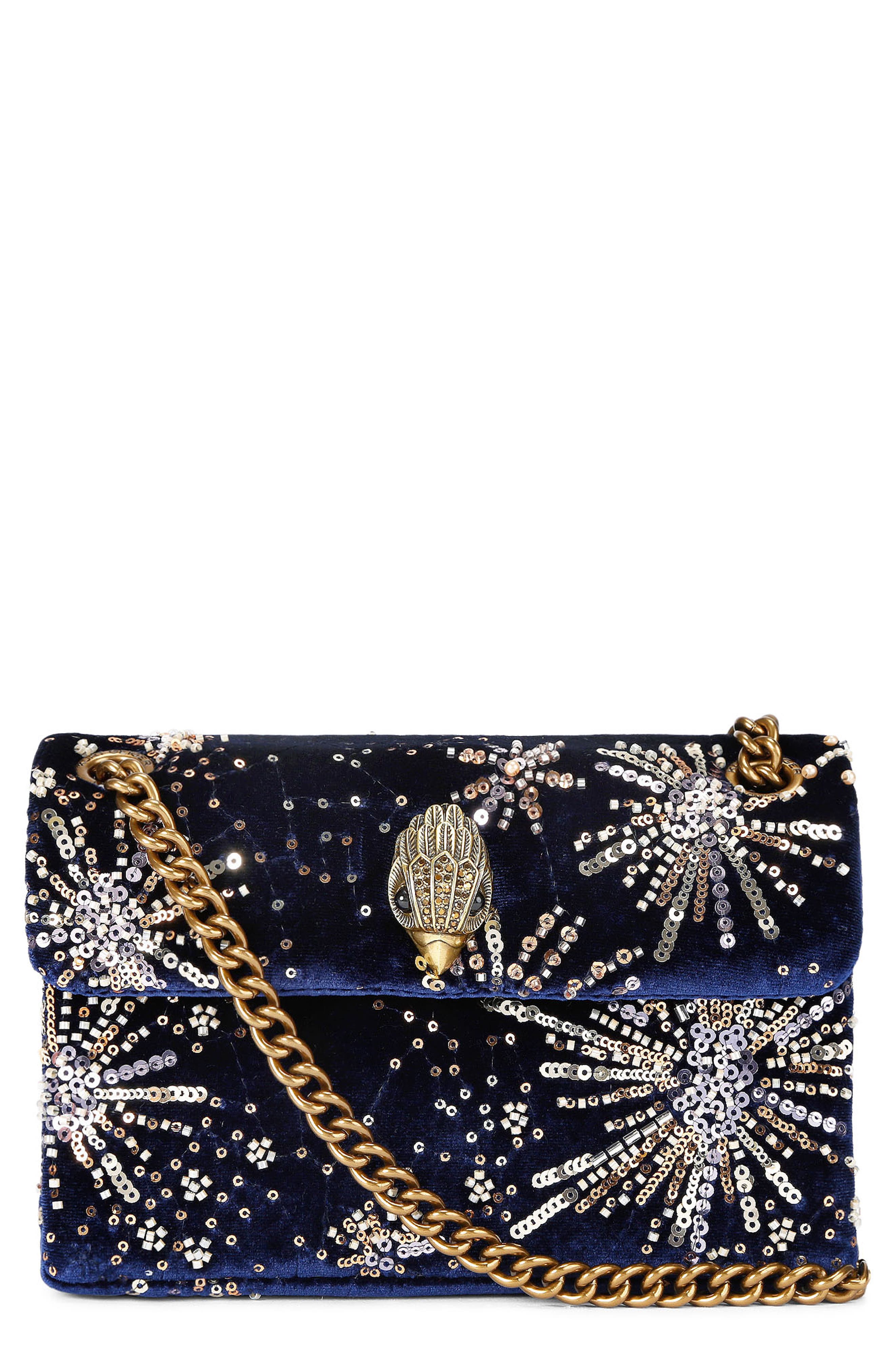 Kurt Geiger London Mini Kensington Velvet Crossbody Bag, Main, color, Navy