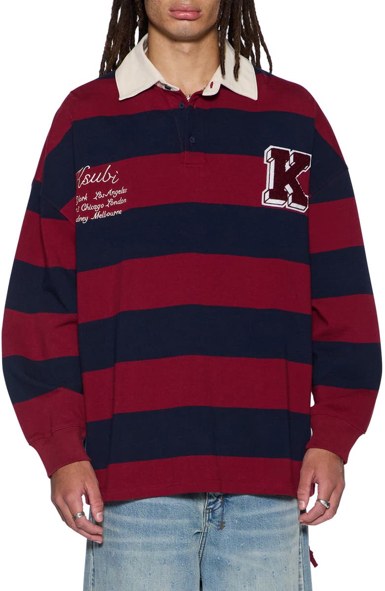 Ksubi Stripe Appliqué Cotton Rugby Shirt, Main, color, Burgundy