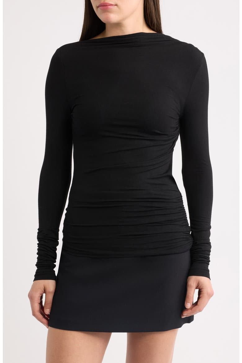 Romy Ruched Open Back Stretch Jersey Top, Main, color, BLACK
