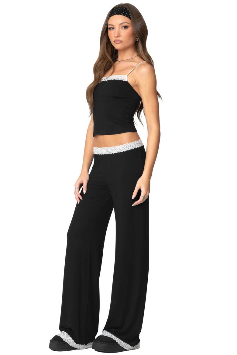 Domino Contrast Lace Trim Wide Leg Pants, Alternate, color, BLACK