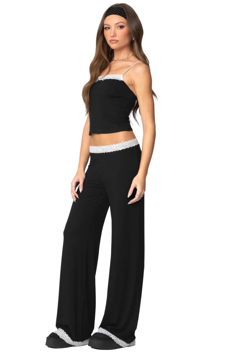 EDIKTED Domino Contrast Lace Trim Wide Leg Pants, Alternate, color, Black