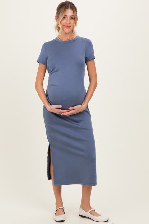 Blue Gathered Waist Midi Dress