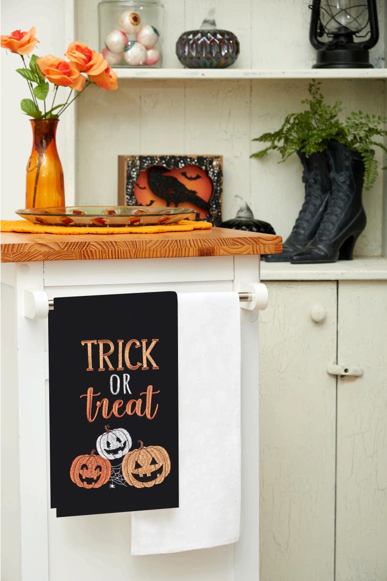 Trick Or Treat Pumpkins Embroidered Woven Halloween Kitchen Towel, Alternate, color, Black
