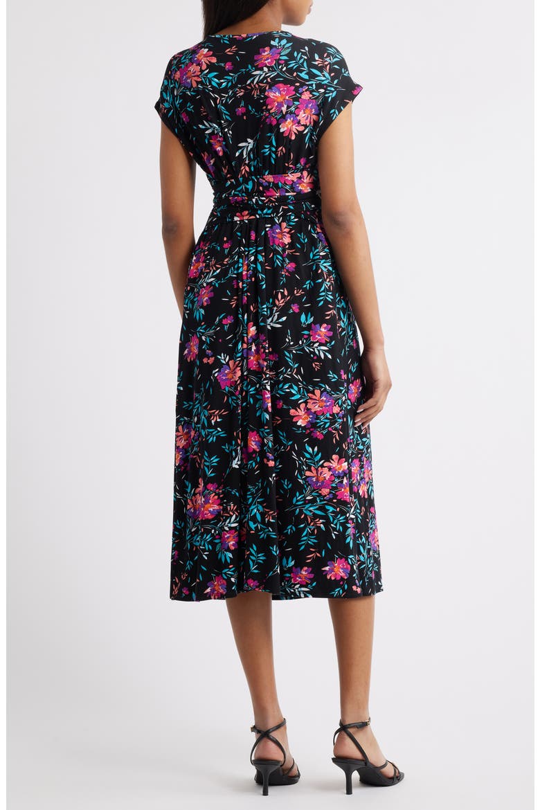 Floral Print Faux Wrap Midi Dress, Alternate, color, BLACK/ FUCHSIA