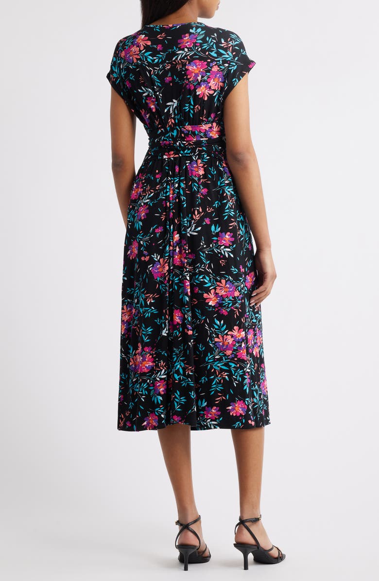 Loveappella Floral Print Faux Wrap Midi Dress, Alternate, color, Black/ Fuchsia