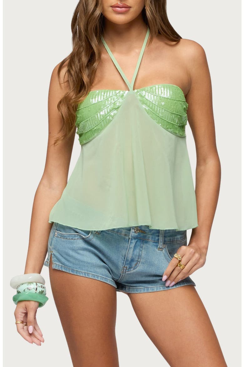 Kitty Sequin Chiffon Halter Top, Main, color, GREEN