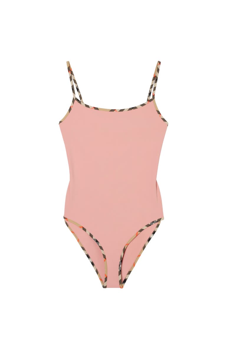Burberry Check Trim Swimsuit, Alternate, color, Begonia Pink