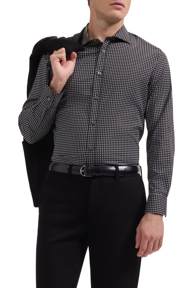 Axel Shaped Fit Geo Print Stretch Cotton Button-Up Shirt, Main, color, BLACK