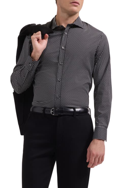 Axel Shaped Fit Geo Print Stretch Cotton Button-Up Shirt
