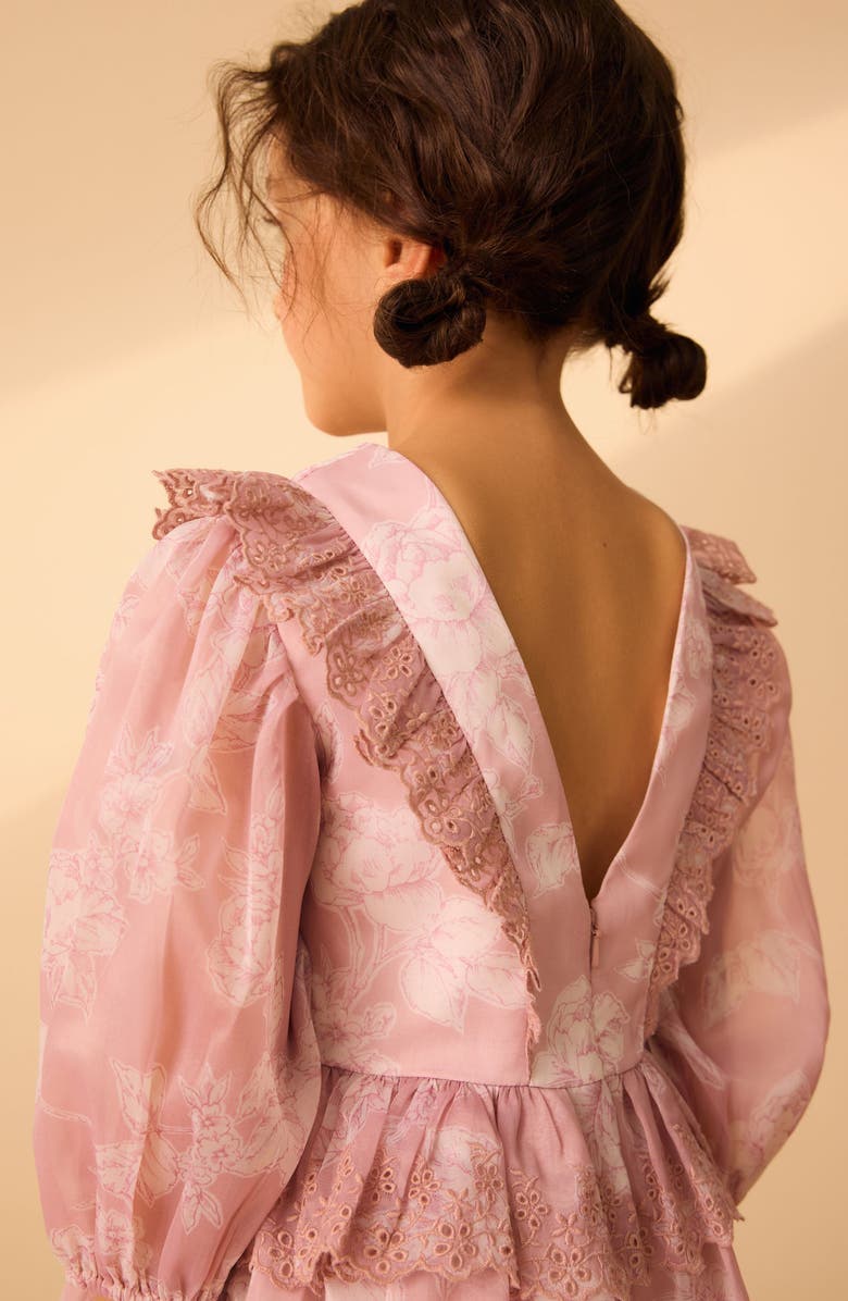 Laura Ashley Kids' Floral Long Sleeve Eyelet Embroidered Organza Dress, Alternate, color, Pink