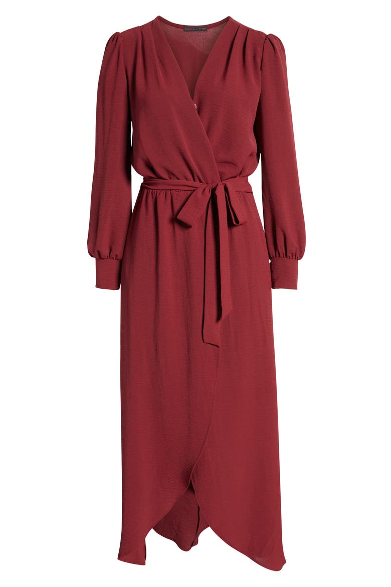 Wrap Front Long Sleeve Dress, Alternate, color, BURGUNDY