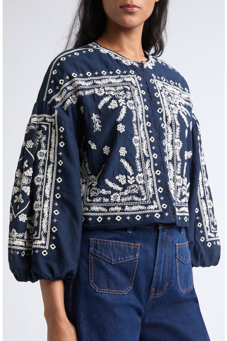 Drake Embroidered Bandana Print Cotton Blend Jacket, Alternate, color, NAVY