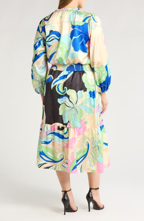 CIEBON CIEBON IRENA PRINT LONG SLEEVE SATIN MIDI DRESS