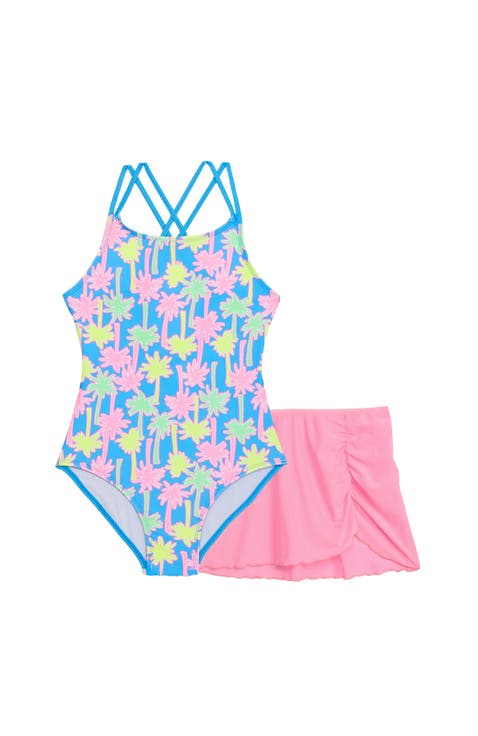 Girls X-Back One Piece Swimsuit with Mesh Sarong Coverup Skirt 2-Piece Set