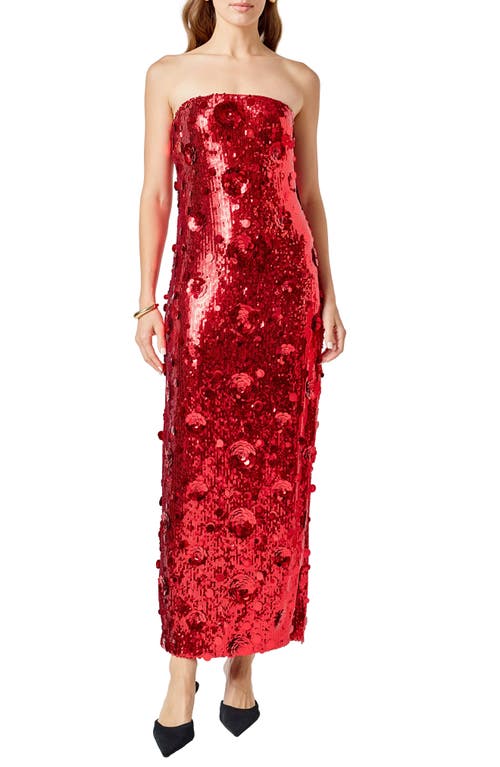Endless Rose Floral Paillette & Sequin Strapless Maxi Dress In Red