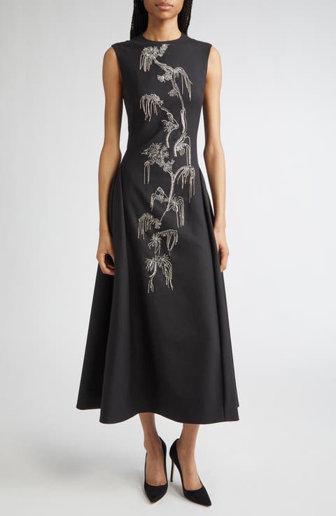 Crystal Embroidered Stretch Twill A-Line Dress