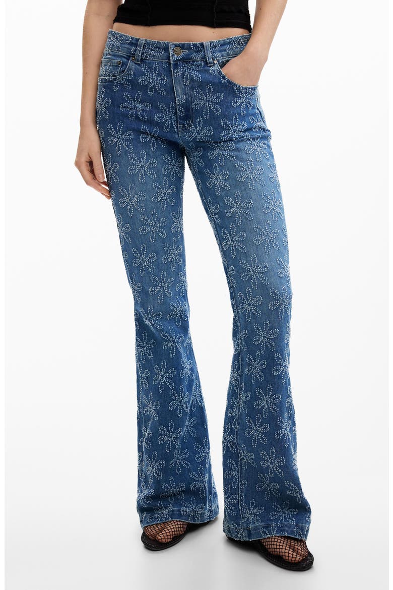 Floral Embroidered Flare Jeans, Main, color, MEDIUM BLUE