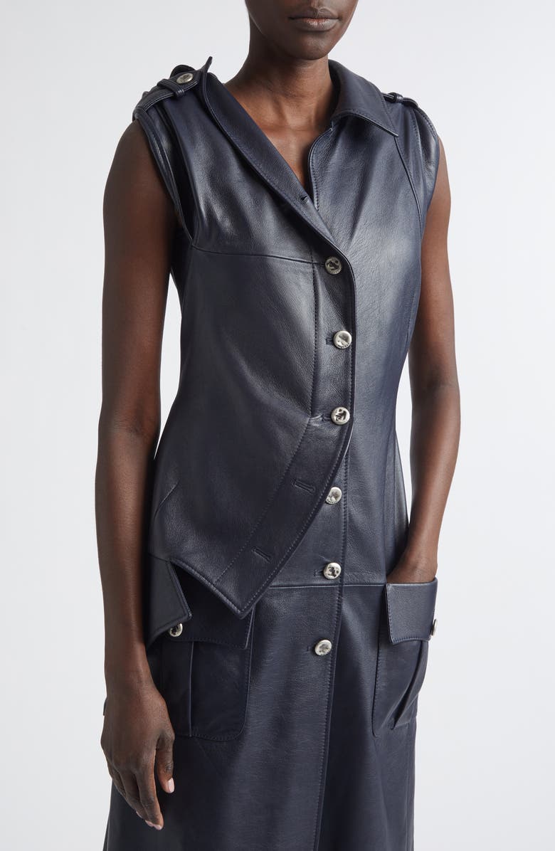 McQueen Asymmetric Leather Shirtdress, Alternate, color,