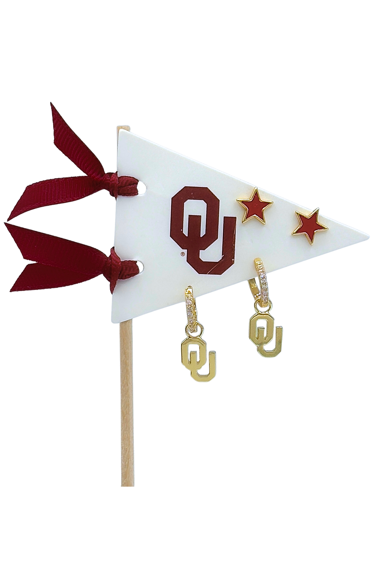 University Of Oklahoma Pennant Pair Earring Set, Main, color, Yellow Gold