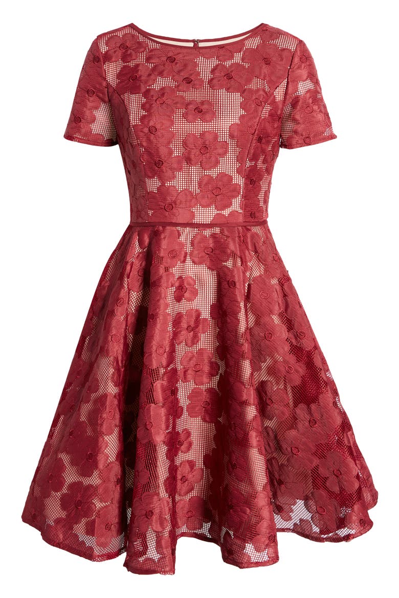 Floral Fit & Flare Cocktail Dress, Alternate, color, WINE/ NUDE