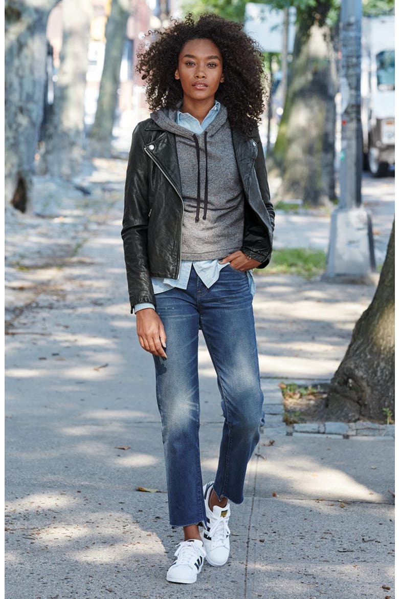 Washed Leather Moto Jacket, Alternate, color, SUNFADED INDIGO
