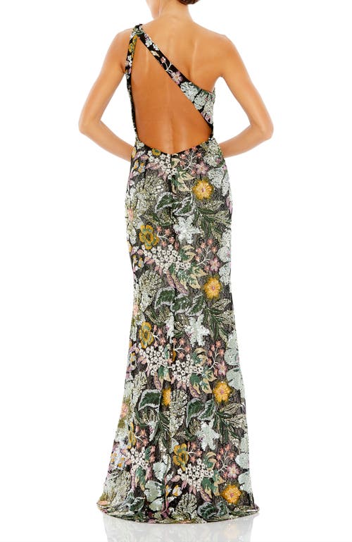 Mac Duggal Floral Sequin-embroidered One-shoulder Gown In Black Multi
