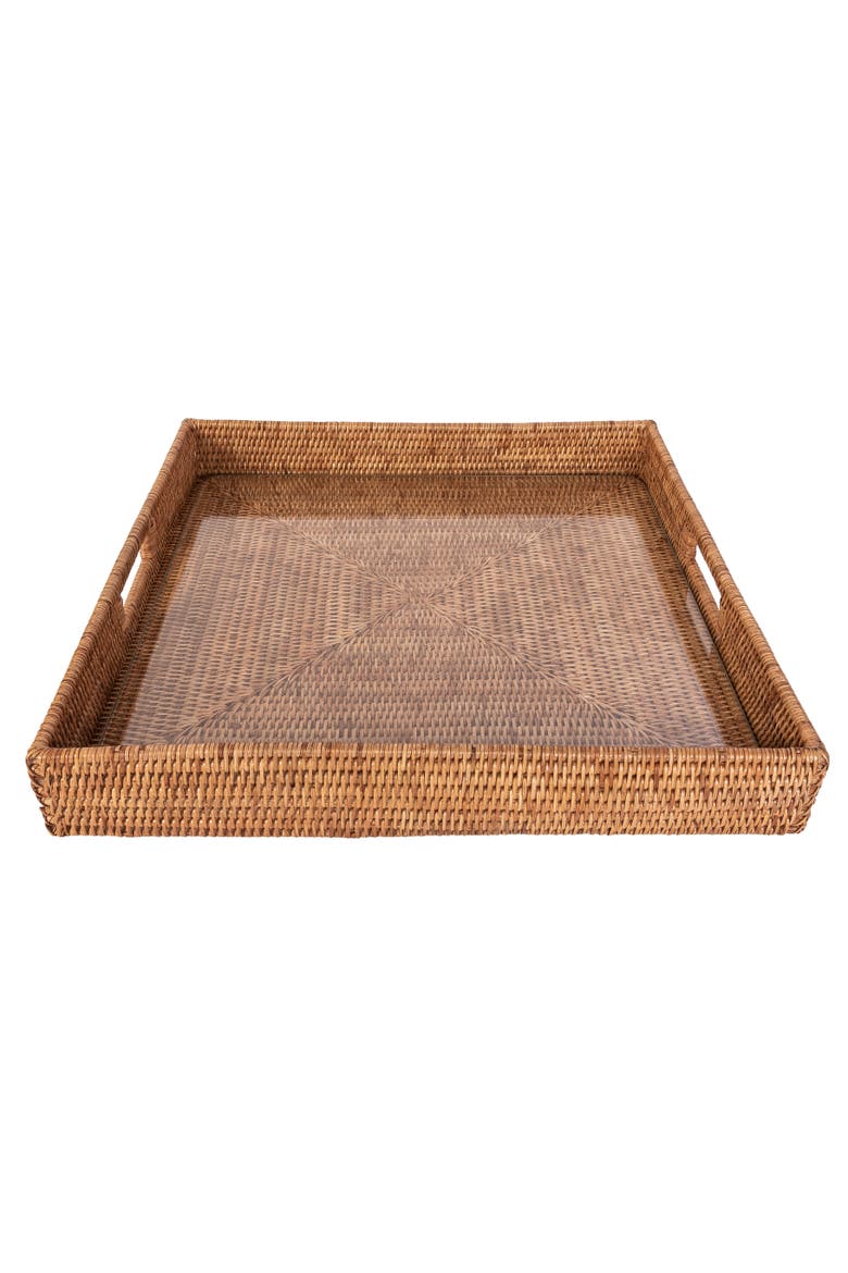 Artifacts Rattan Square Serving Ottoman Trays with Glass Insert, Alternate, color, Honey Brown