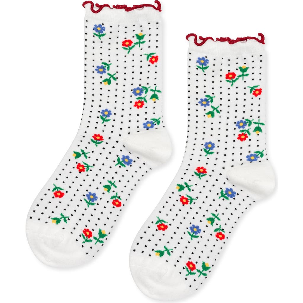 Hansel From Basel Dottie Floral Cotton Blend Crew Socks In White