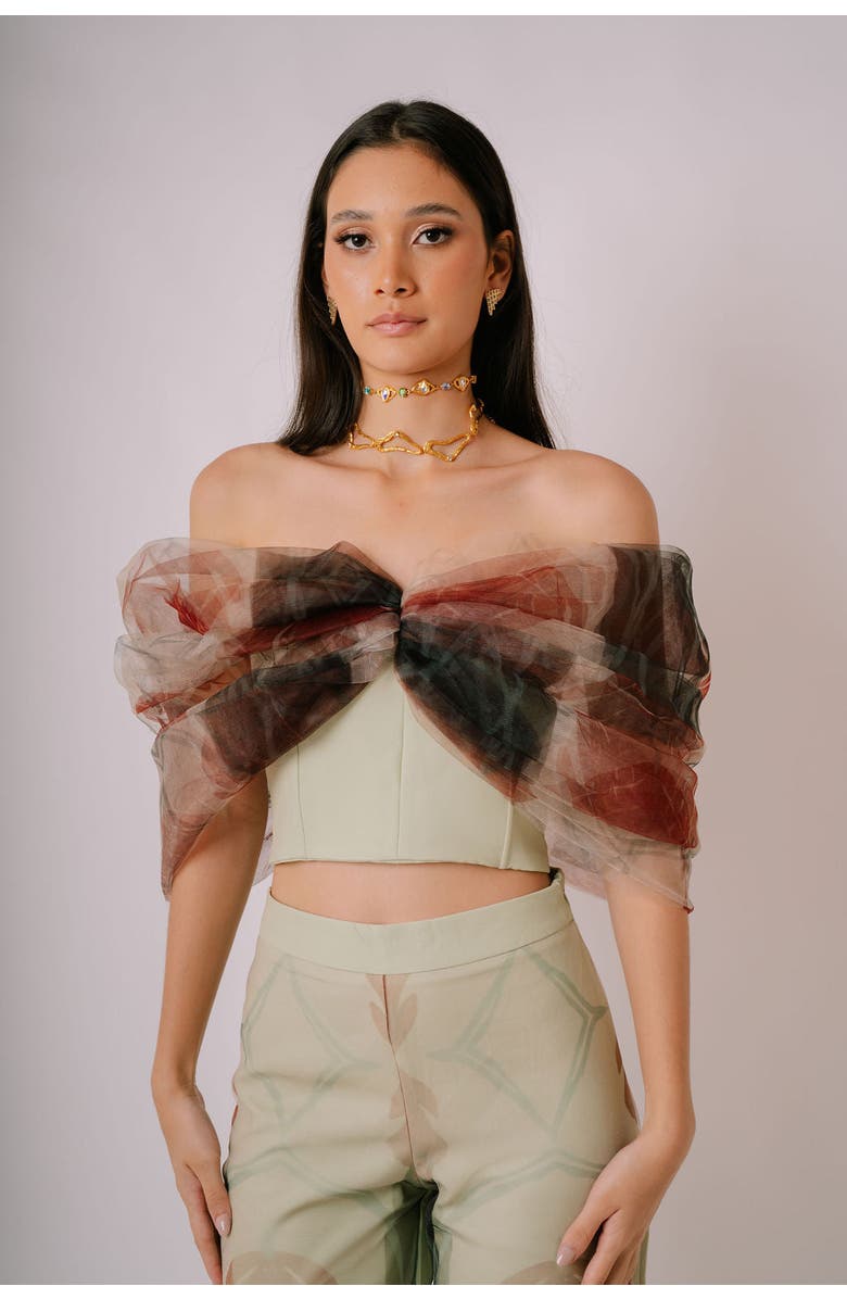 San Malo Tessa Tulle Bow Corset, Main, color, Green