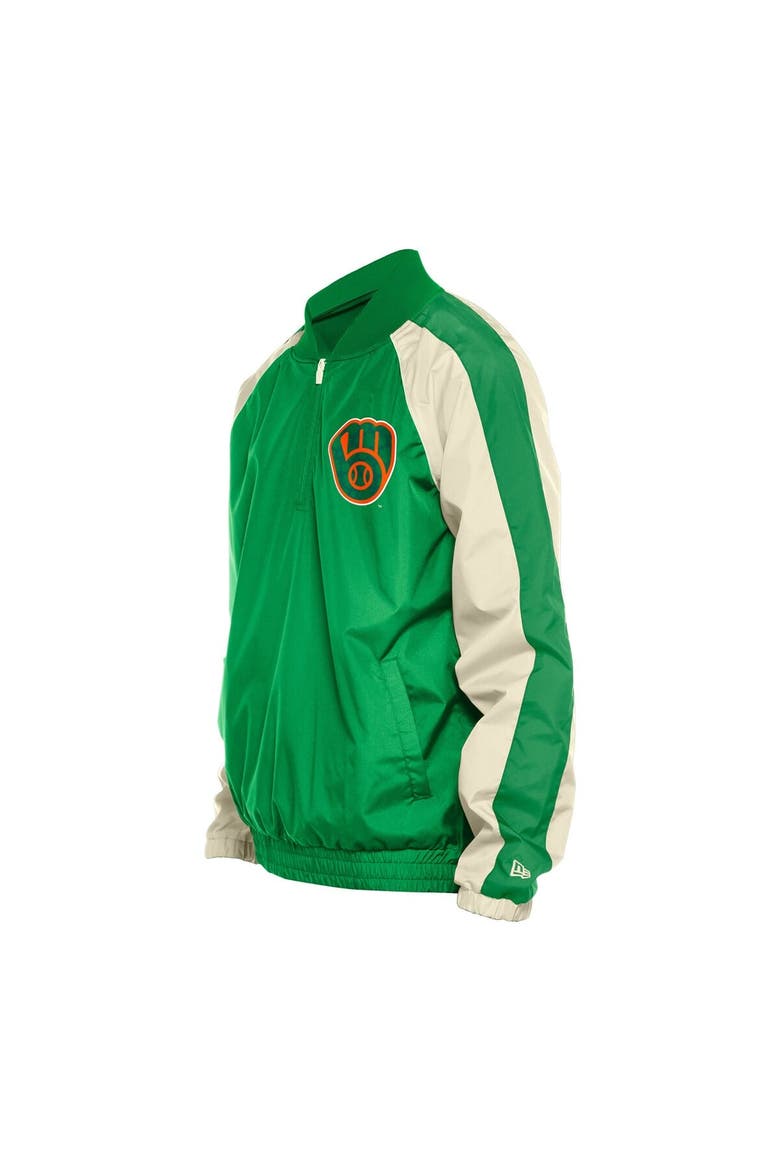 Men's New Era Kelly Green Milwaukee Brewers St. Patrick's Day Ripstop Raglan Quarter-Zip Windbreaker, Alternate, color, Kelly Green