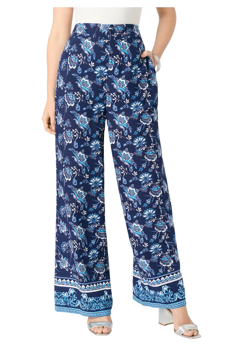Plus Size Printed Wide Leg Pant, Main, color, NAVY PORCELAIN BORDER