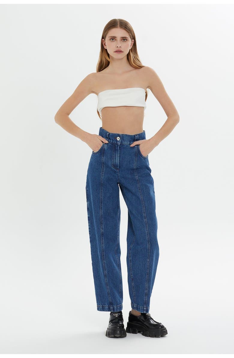 Gizia Back Leather Print Pocket Front Stitch Detail Jean Pants, Main, color, Navy