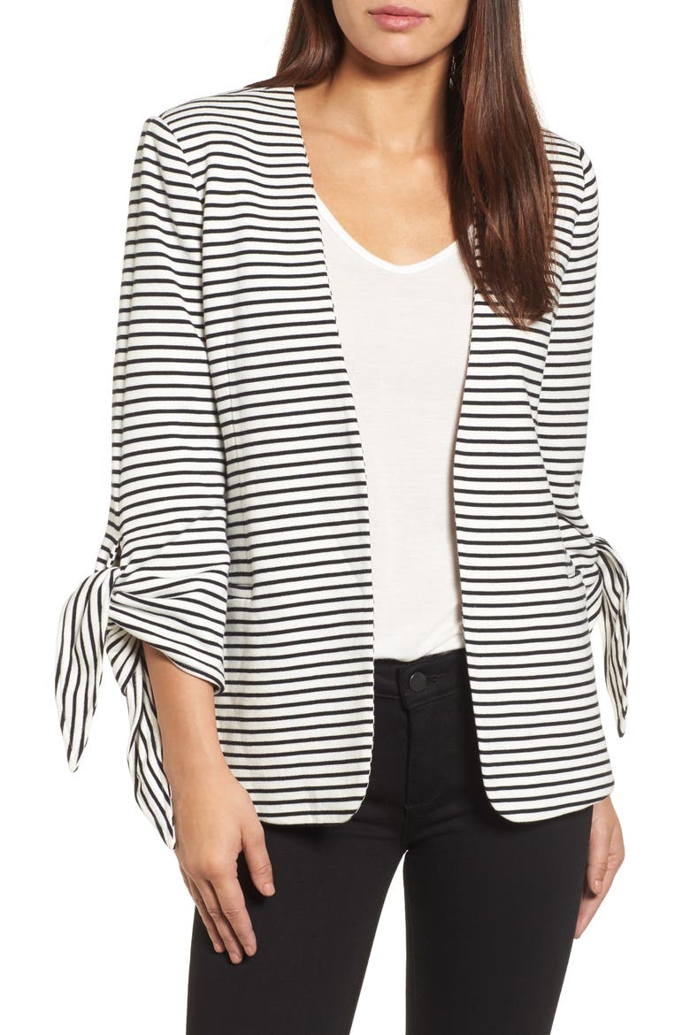 Tie Sleeve Knit Blazer, Main, color, BLACK/ WHITE STRIPE